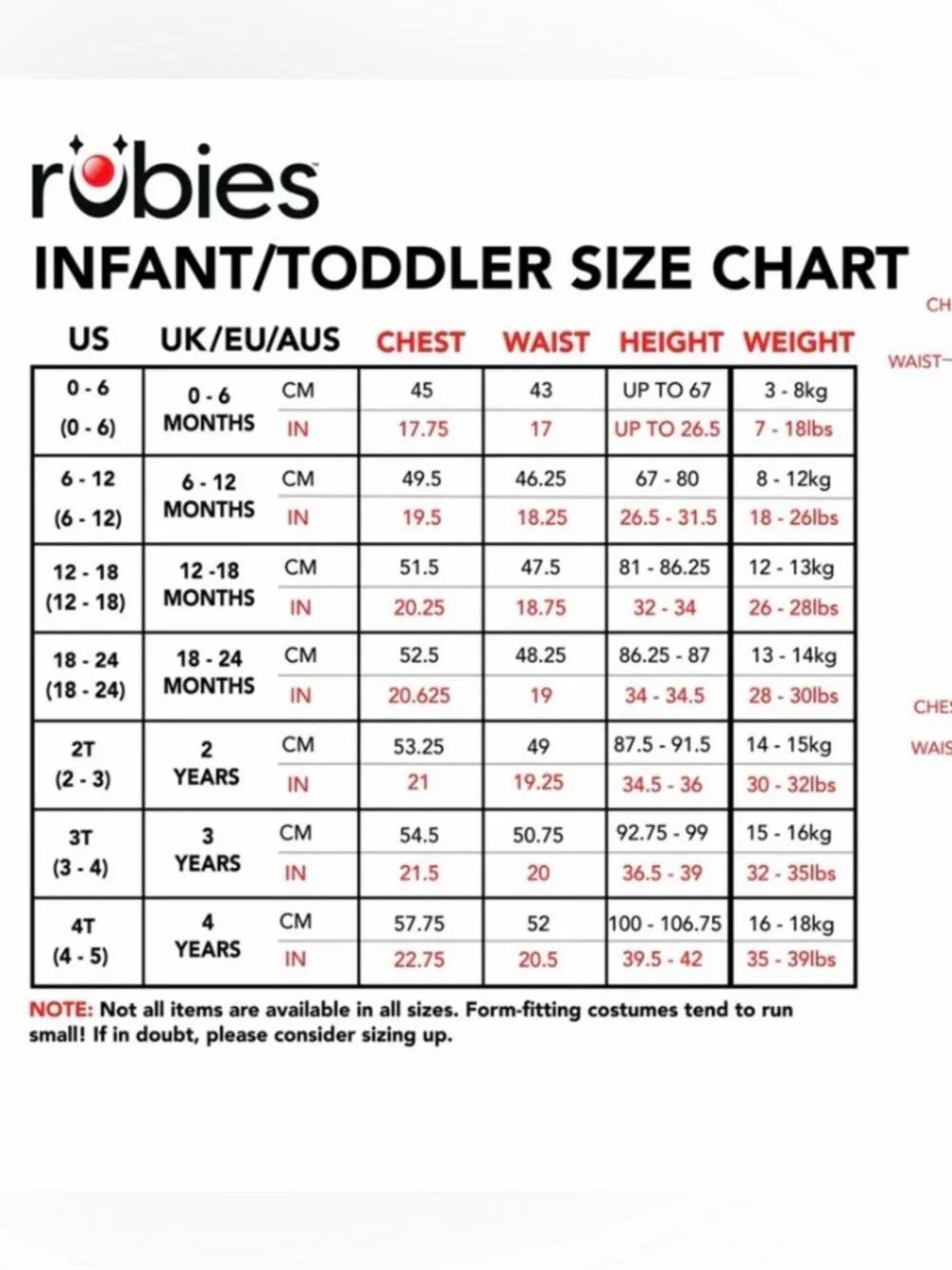 Rubies size listed